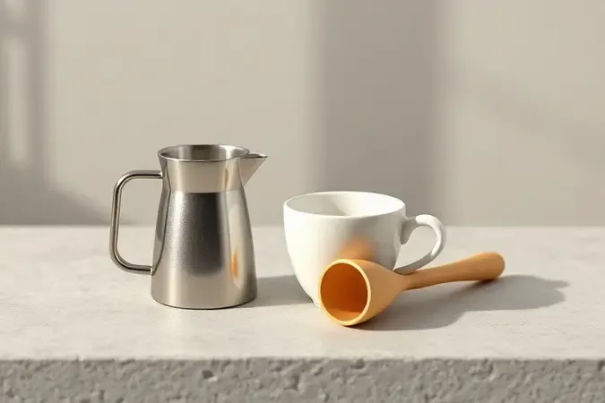 Acessórios de café como leteira, xícara branca e colher de madeira em render 3D minimalista
