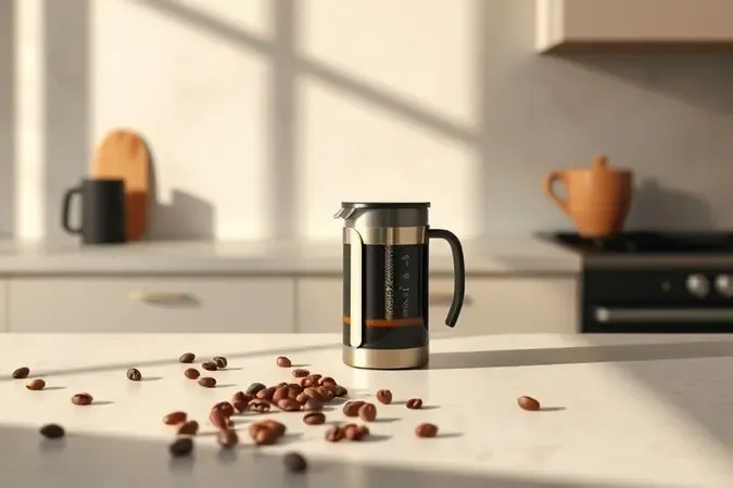 Render 3D conceitual de cafeteira AeroPress estilizada com grãos de café e vapor em cozinha minimalista