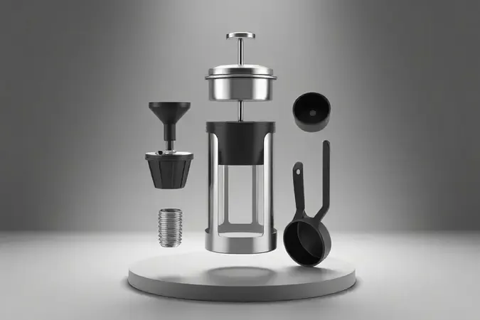 Render 3D conceitual das partes de uma cafeteira AeroPress desmontada em composição flutuante minimalista