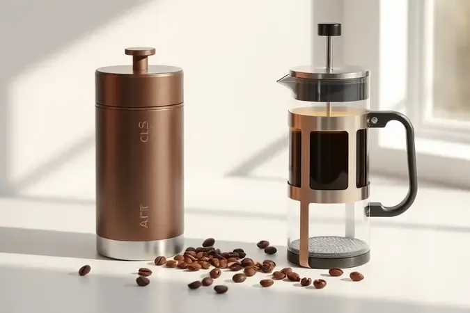 Render 3D conceitual comparando cafeteira de pressão e prensa francesa lado a lado em mesa limpa