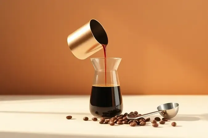 Render 3D conceitual de café sendo coado com cafeteira de pressão estilizada sobre copo de vidro