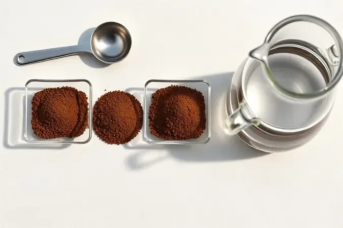 Moagem grossa de café para prensa francesa com colher dosadora e água, cena minimalista de proporções.