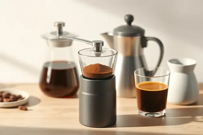Moedor manual de café com vidro transparente ao lado de coador cerâmico, chaleira e copo de café coado sobre superfície de madeira clara
