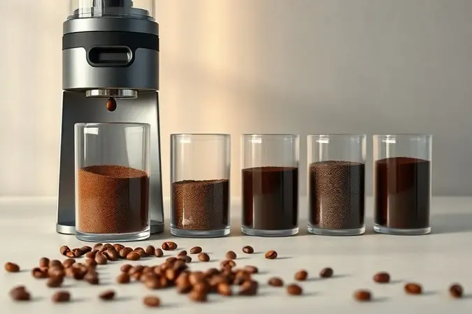 Diferentes níveis de moagem de café em recentes de vidro ao lado de moedor moderno, do grosso ao fino, com iluminação prossional