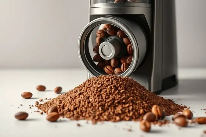 Render conceitual de moedor de café moderno sem marca com grãos, mostrando texturas de moagem fina e grossa em superfície limpa.