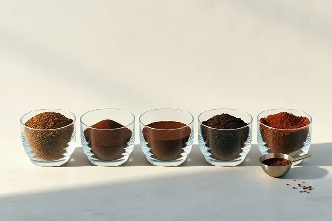 Três potees de vídro exibem graus de moagem do grosso ao fíno em cena minimalista e sofisticada