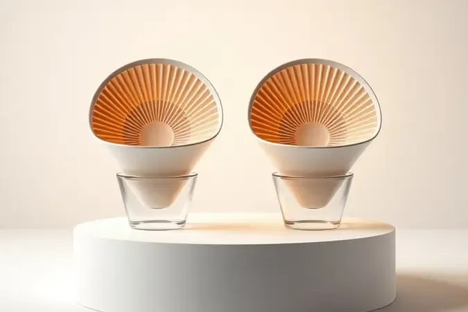 Comparação conceitual da anatomia de dois coadores de café com formatos, nervuras e ângulos internos diferentes