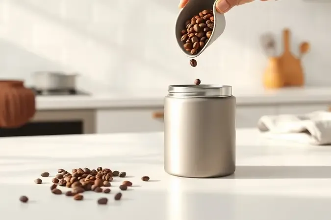 Grãos de café sendo despejados com concha de cerâmica em pote hermético sobre bancada de cozinha limpa e iluminação suave
