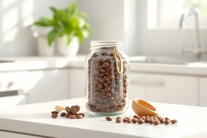 Pote de vidro com tampa hermética armazenando grãos de café orgânico sobre bancada de cozinha moderna