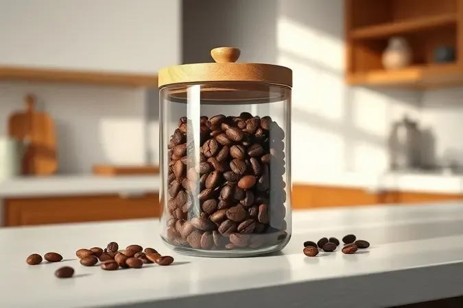 Recipiente de vidro hermético com grãos de café sobre bancada limpa sob luz natural suave