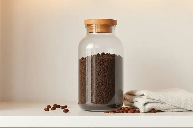 Pote de vidro hermético com café em pó em cenario minimalista de armazenamento