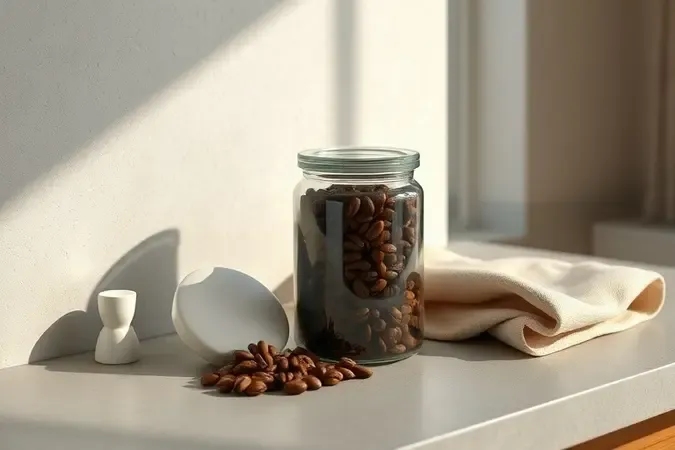 Armazenamento conceitual de café gourmet em pote hermético de vidro sobre bancada de concreto