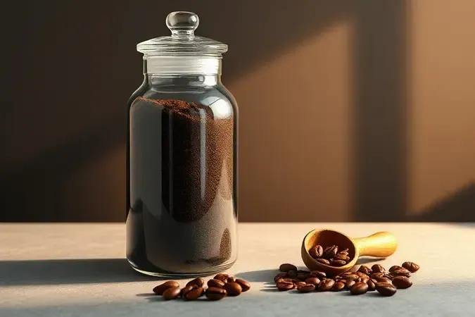 Pote hermético de vidro com café moído, colher de madeira e grãos torrados em cena conceitual sofisticada