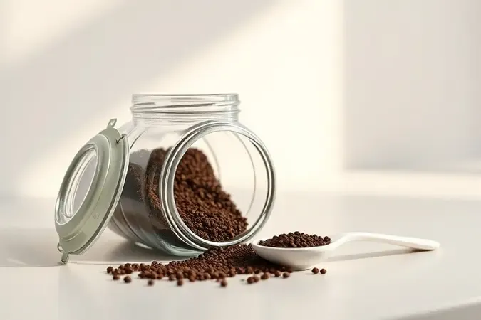 Pote de vidro com tampa contendo grânulos de café solúvel e colher de cerâmica em cena de armazenamento limpa