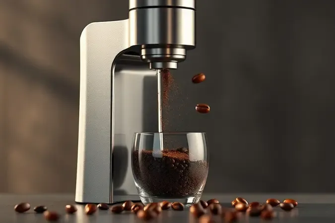 Render 3D de moedor de café inox com café moído caindo em recipiente de vidro em cena minimalista e sofisticada