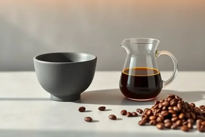 Cena de cupping com tigela de cerâmica, garrafa de vidro com café coado e grãos torrados sobre bancada limpa e iluminada