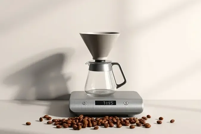 Balança de café de precisão com jarra de vidro e grãos em cena conceitual minimalista