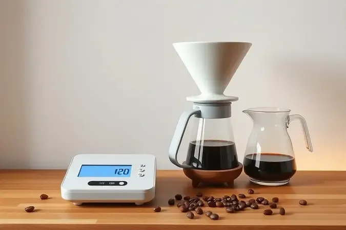 Balança de café digital sobre bancada de madeira com dripper, jarra de vidro e grãos de café em cena minimalista