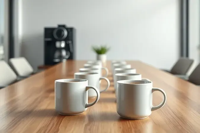 Xícaras de café alinhadas em mesa de reunião com cafeteira ao fundo em ambiente corporativo.
