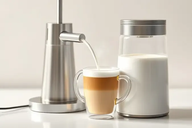 Detalhe do vaporizador de leite com espuma cremosa e reservatório automático em cena conceitual