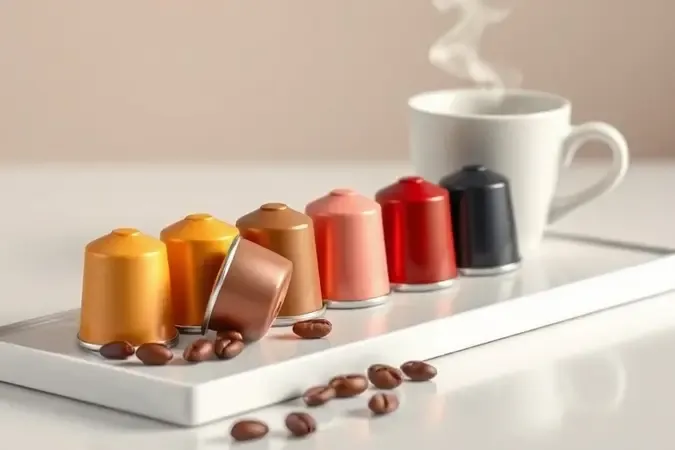 Cápsulas de café coloridas organizadas em bandeja branca com xícara e grãos em cena conceitual