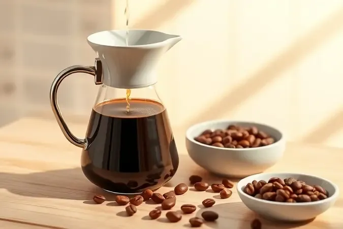 Café fresco escorrendo em jarra de cerâmica com vapores suaves sobre superfície clara com grãos ao lado
