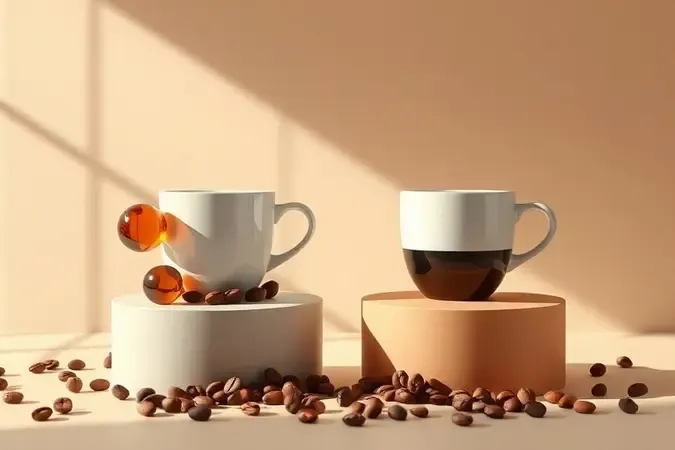Comparação conceitual entre café cafeinado e café descafeinado em duas xícaras.