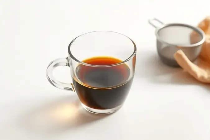 Café coado límpido em xícara ao lado de coador permanente de malha fina sem resíduos