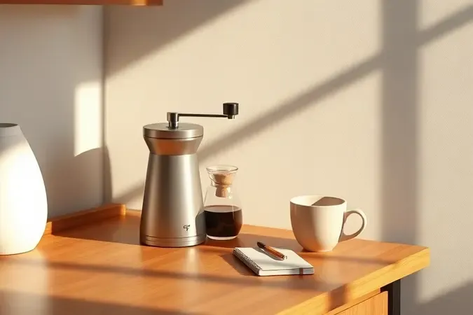 Cena renderizada de cantinho do café em casa com moedor minimalista, xícara cerâmica e mesa de madeira