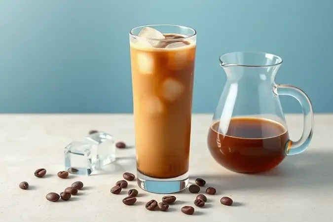 Copo alto com café gelado e cubos de gelo sobre superfície de pedra clara com grãos de café ao redor