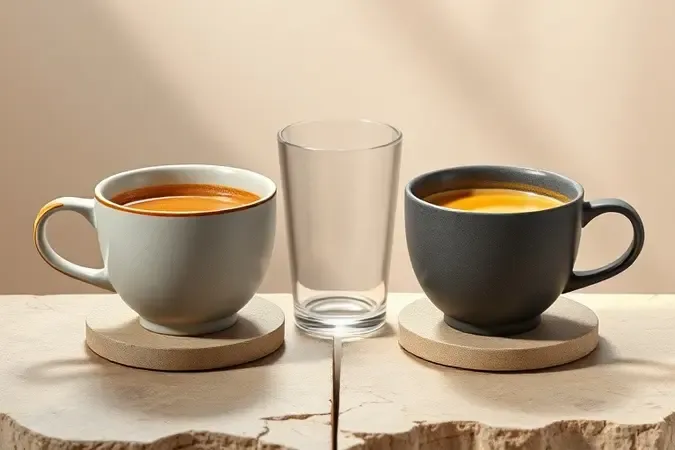 Comparação conceitual entre duas xícaras de café com crema sobre superfície de pedra dividida