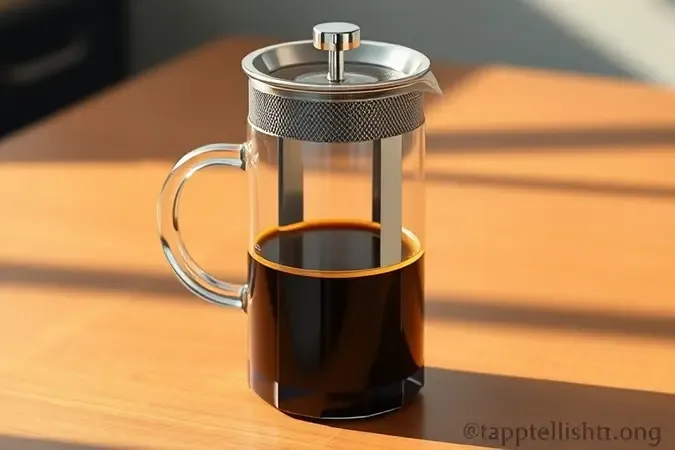 Café em infusão dentro de prensa francesa de vidro com creme dourado e vapor subindo suavemente
