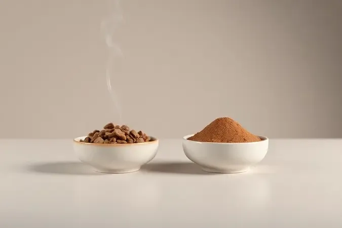 Comparação conceitual entre granulados de café liofilizado e pó fino em recipientes de cerâmica