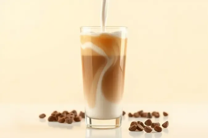 Xícara de café solúvel cremoso com leite em espiral e espuma delicada em cena conceitual moderna