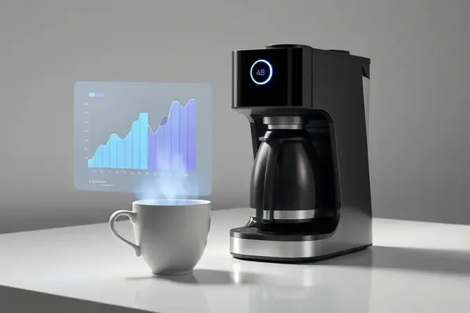 Cafeteira moderna em cena conceitual com painel holográfico flutuante e xícara de café fumegante