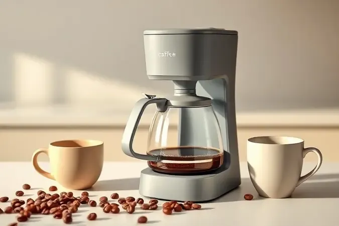Cafeteira moderna sem marca sobre superfície limpa com grãos de café e jarra de vidro