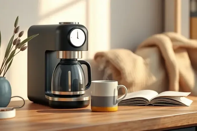 Xícara de café ao lado de cafeteira moderna em ambiente minimalista e aconchegante