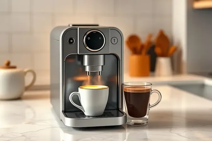 Cafeteira preparando cappuccino e chocolate quente ao mesmo tempo em cozinha aconchegante