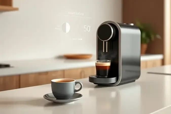 Ilustração conceitual de cafeteira de cápsulas com controles de volume e temperatura em destaque
