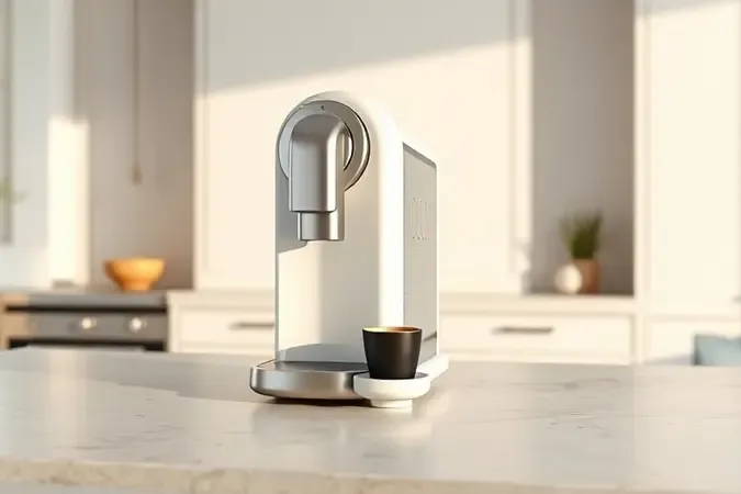 Render 3D de cafeteira de cápsulas branca sobre bancada clara, com cápsula avulsa ao lado e iluminação natural suave.