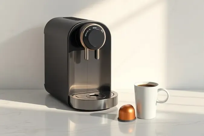 Máquina de café de cápsulas em render conceitual com cápsulas e xícara de espresso sobre superfície de mármore