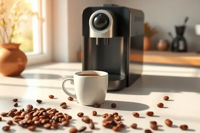 Cena matinal com cafeteira de cápsulas, xícara quente de café e grãos espalhados na bancada iluminada