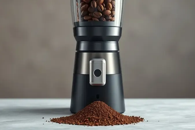 Cafeteira com moedor integrado em render 3D conceitual mostrando grãos inteiros no reservatório e moagem uniforme sobre pedra