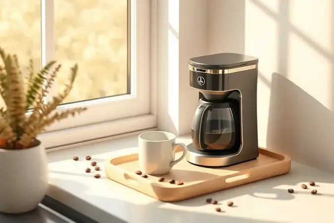 Cafeteira compacta em cozinha moderna conceitual com xícara de cerâmica e grãos de café sobre bandeja de madeira