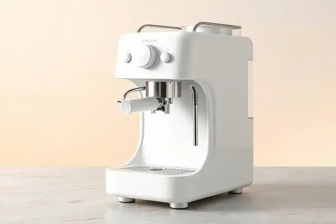 Render 3D conceitual do design de cafeteira expresso branca com materiais modernos e iluminação de estúdio