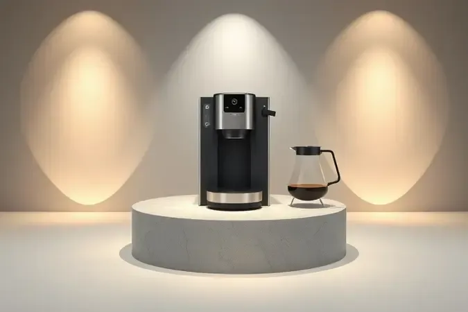 Cafeteira destacada em pedestal de pedra com elementos geométricos flutuantes e jarra de café em render conceitual