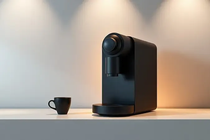 Representação conceitual de cafeteira moderna com design minimalista e acabamento preto fosco em ambiente clean e sofisticado.
