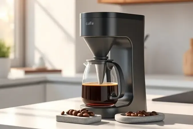 Render 3D de cafeteira elétrica com jarra de vidro servindo café fresco em xícara sobre bancada limpa
