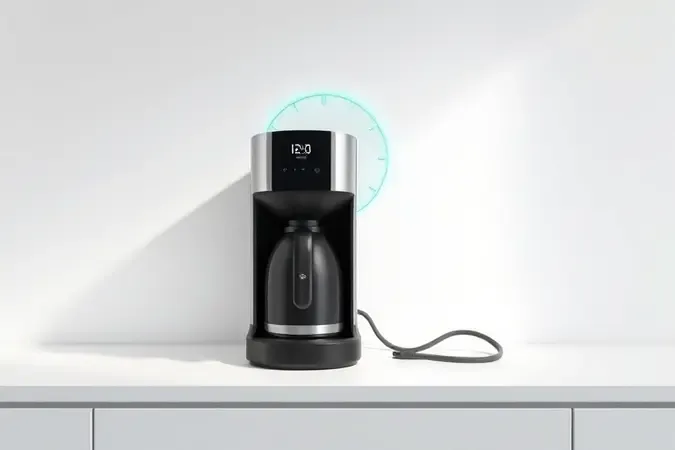 Cafeteira moderna elegante com conceito de economia de energia, display de timer na parede e iluminação ambiente suave em tons neutros