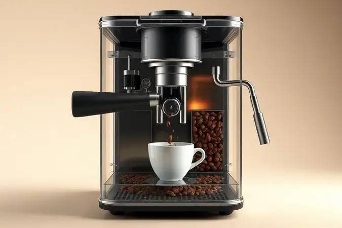 Visualização conceitual do funcionamento de moedor integrado em cafeteira espresso, com grãos moídos caindo na câmara de preparo